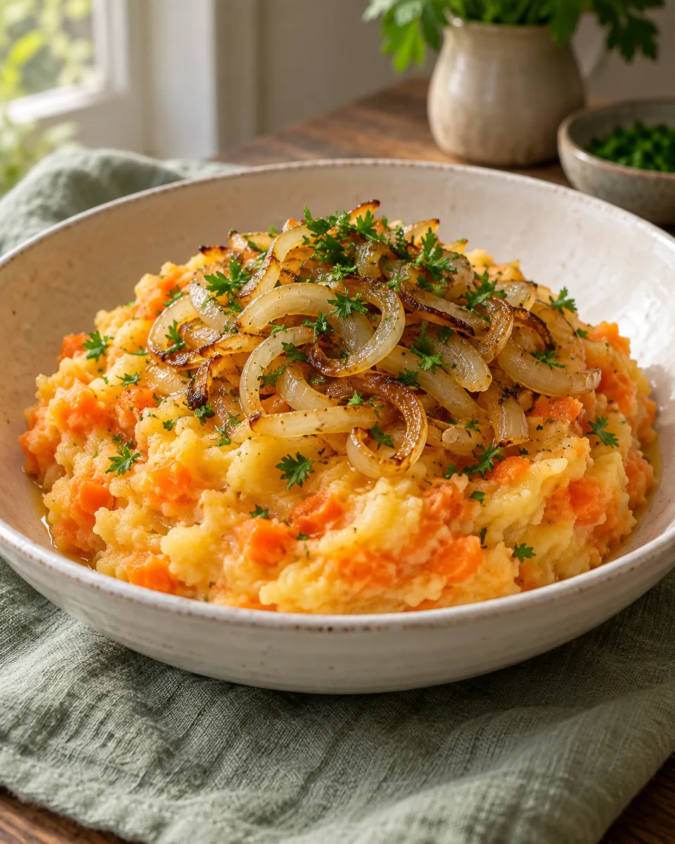 Möhren-Kartoffel-Untereinander mit Zwiebeln – KI-generierte Rezeptillustration