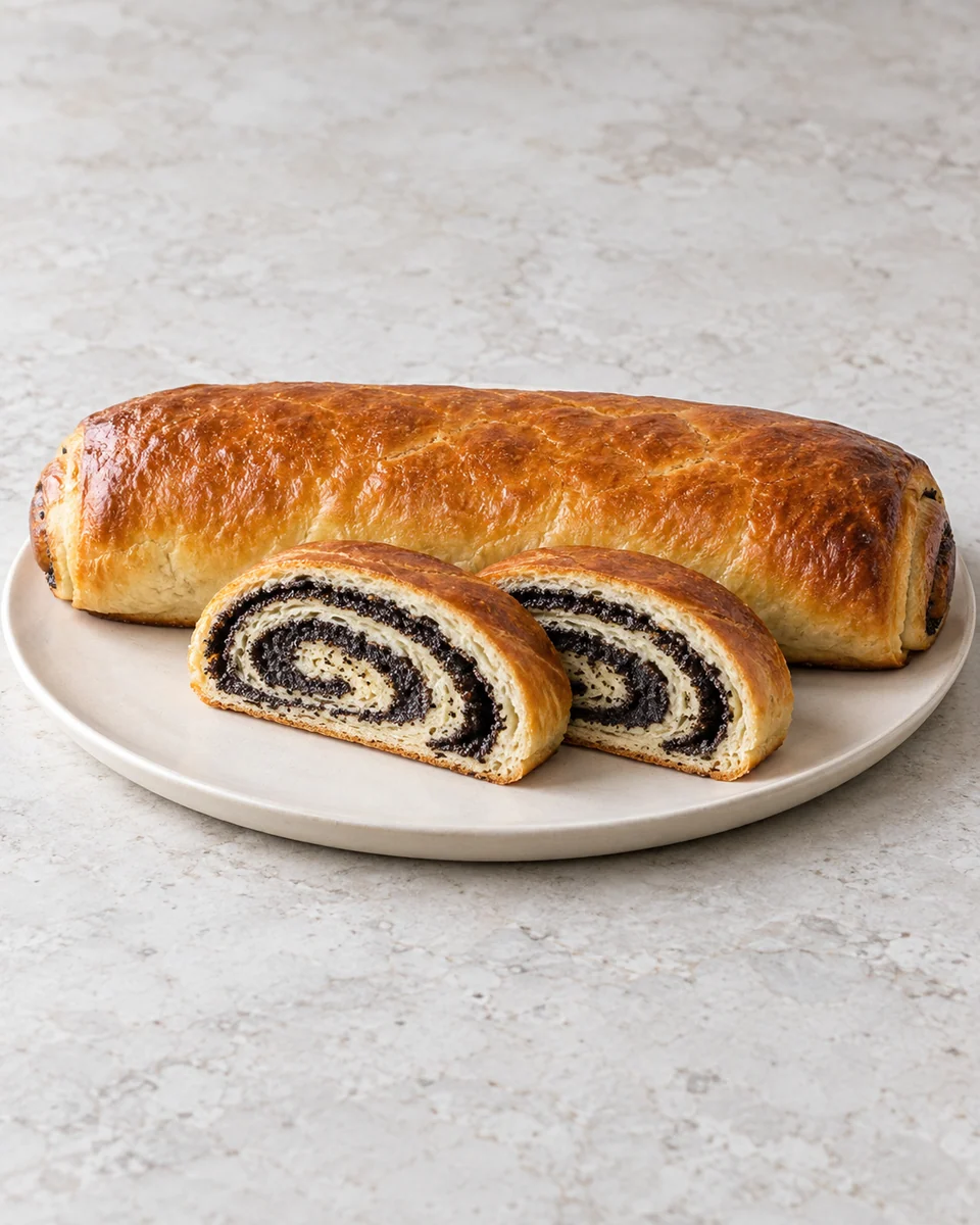 KI-generierte Darstellung eines geschlossenen Mohnstrudels mit dunkler Mohnspirale und ausgekühlten Hefeteigscheiben
