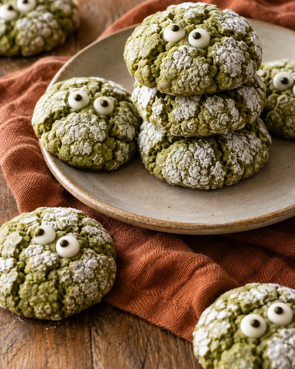 Grüne Crinkle-Cookies mit weißer gerissener Puderzuckerhülle und kleinen Zuckeraugen