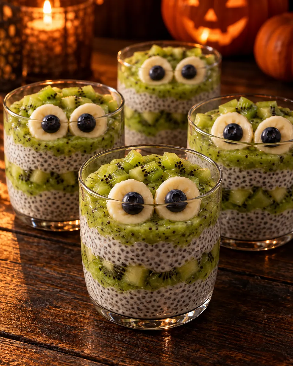 Kokos-Chiapudding mit grünen Kiwischichten und Bananen-Blaubeer-Monsteraugen