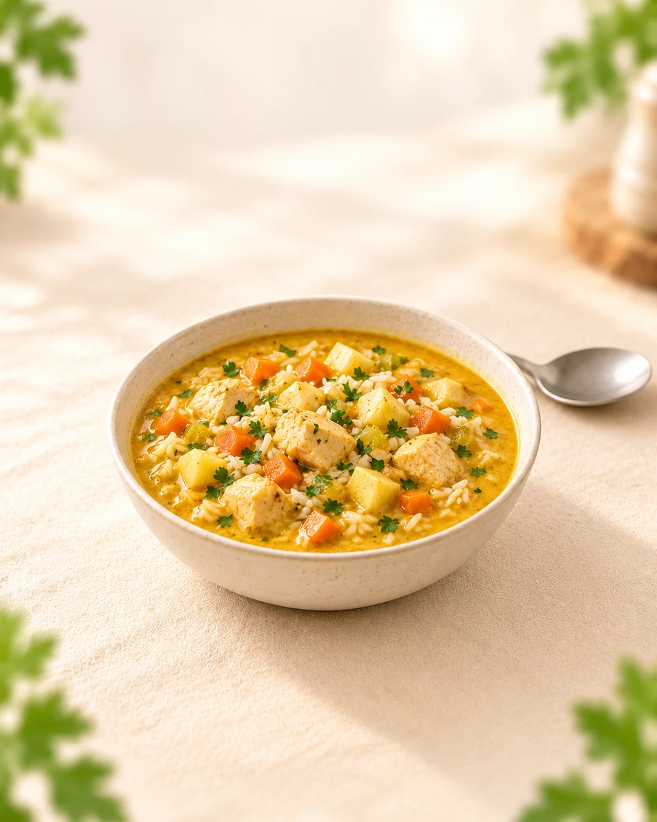 Eine tiefe Keramikschale mit goldgelber Currysuppe, weißen gegarten Hähnchenwürfeln, weichen Reis-, Möhren- und Apfelstückchen sowie wenig fein gehackter Petersilie aus der Zutatenliste. Kein zusätzliches Brot oder Reisberg. KI-generierte Rezeptillustration.