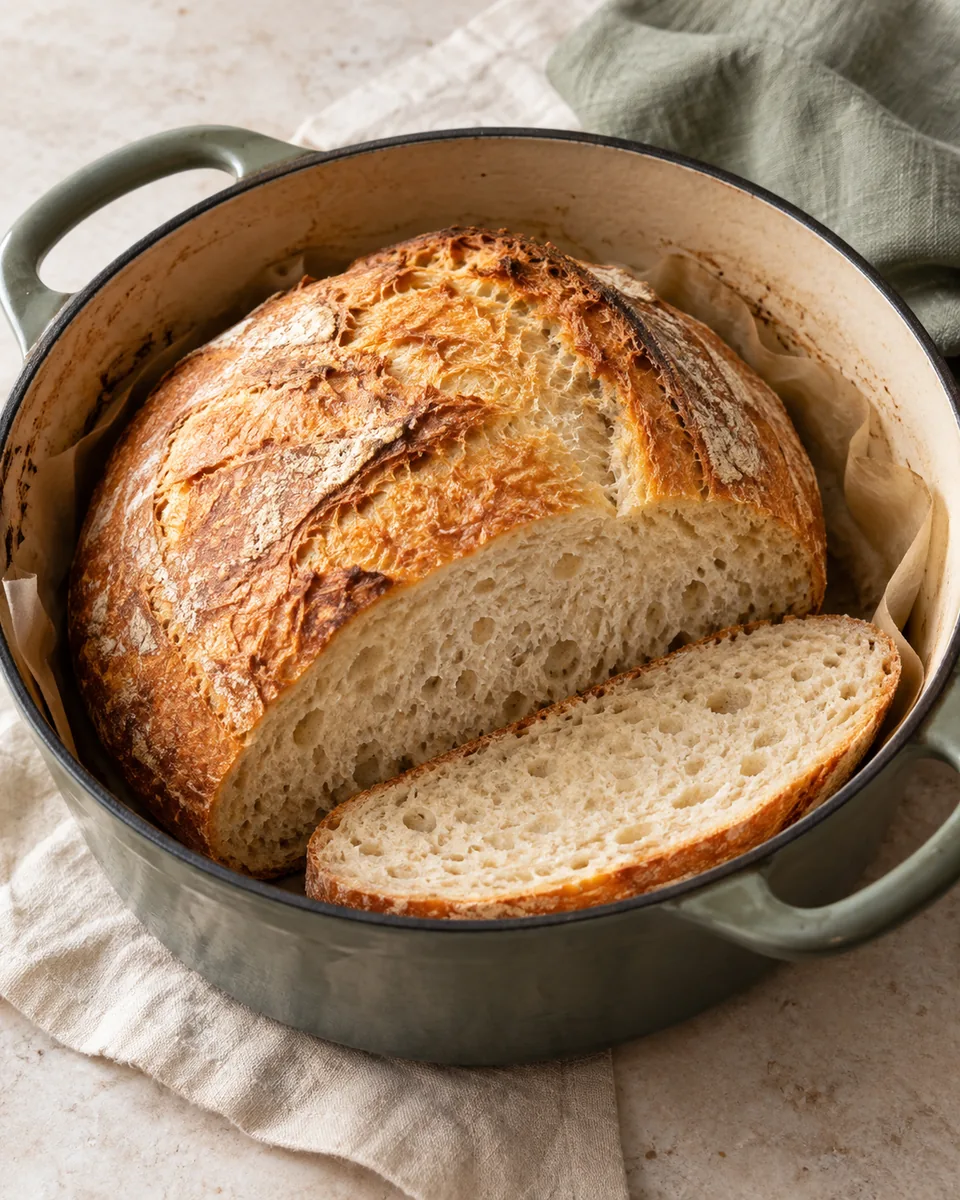 Knuspriges No-Knead-Topfbrot, passend zu den beschriebenen Zutaten angerichtet. KI-generierte Rezeptillustration.