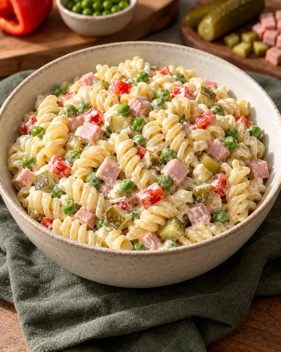 Cremiger Nudelsalat mit Erbsen, Wurstwürfeln, Gurken und roter Paprika