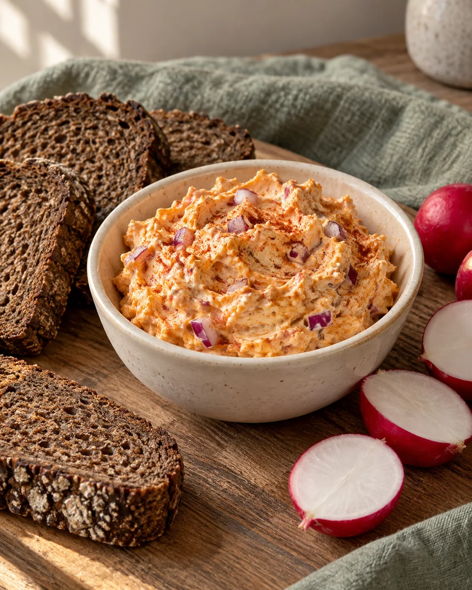 Obazda mit Roggenbrot und Radieschen – KI-generierte Rezeptillustration