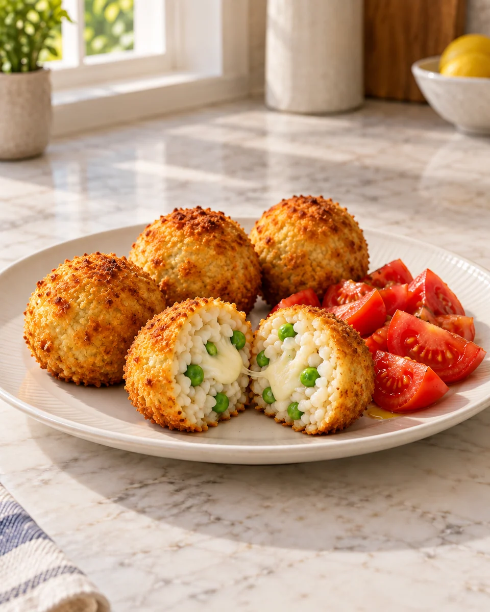 KI-generierte Rezeptdarstellung: Vier goldbraune Ofen-Arancini, eines aufgeschnitten mit Erbsen und Mozzarella, daneben Tomatensalat.