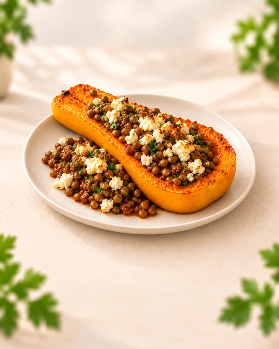 KI-generierte Darstellung: geröstete Butternut-Hälfte mit Linsen, Petersilie und leicht gebräuntem Feta.