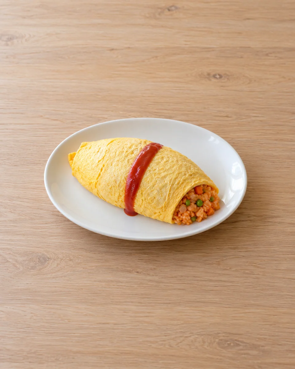 KI-generierte Rezeptdarstellung: Ein längliches hellgelbes vollständig gegartes Omelett als Mantel um orange-roten Ketchupreis mit kleinen Möhrenwürfeln und grünen Erbsen, schmaler Ketchupstreifen darüber; kein flüssiger Eikern, Fleisch oder Kräuter.