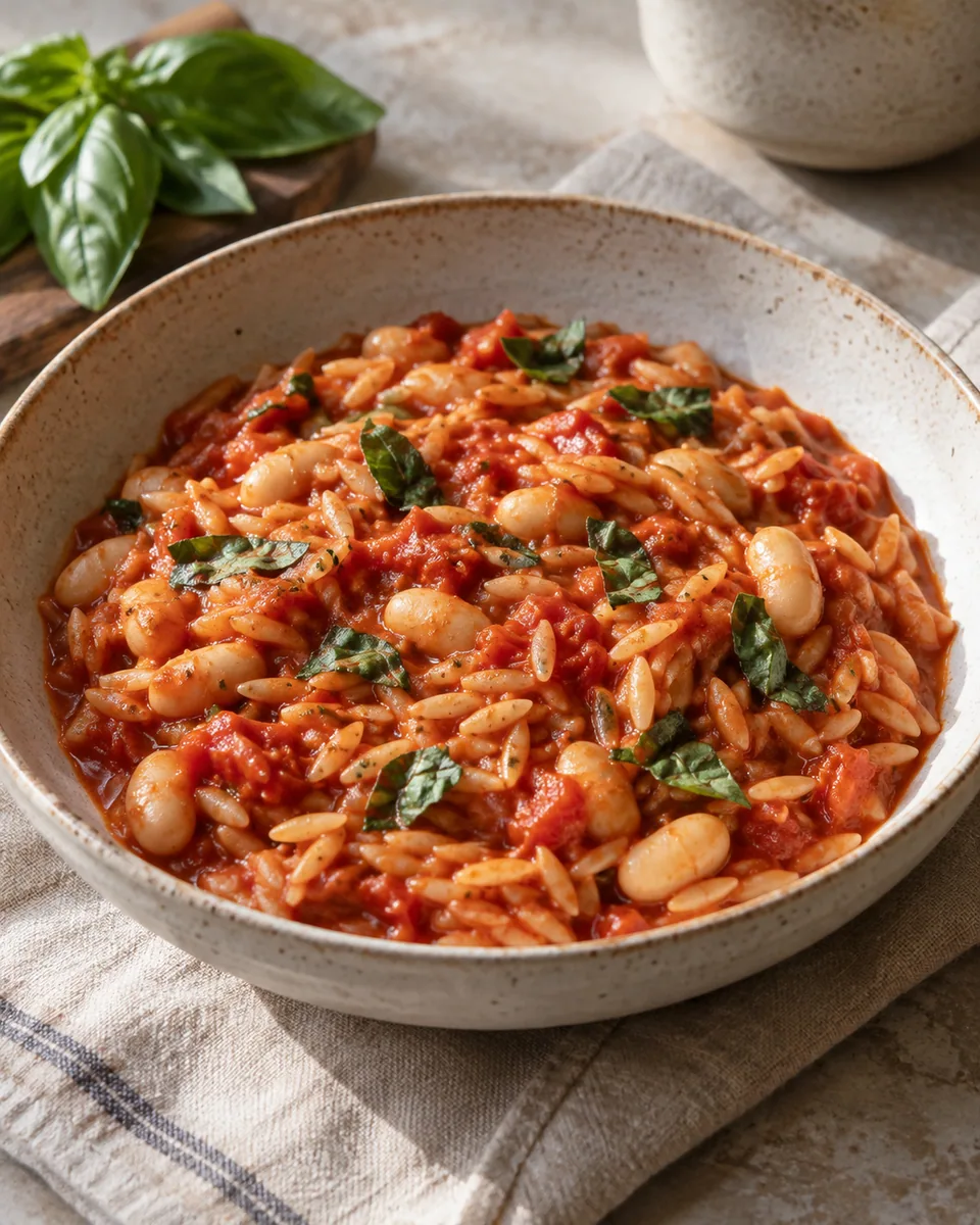 Sämiger Tomaten-Orzo mit weißen Bohnen und Basilikum