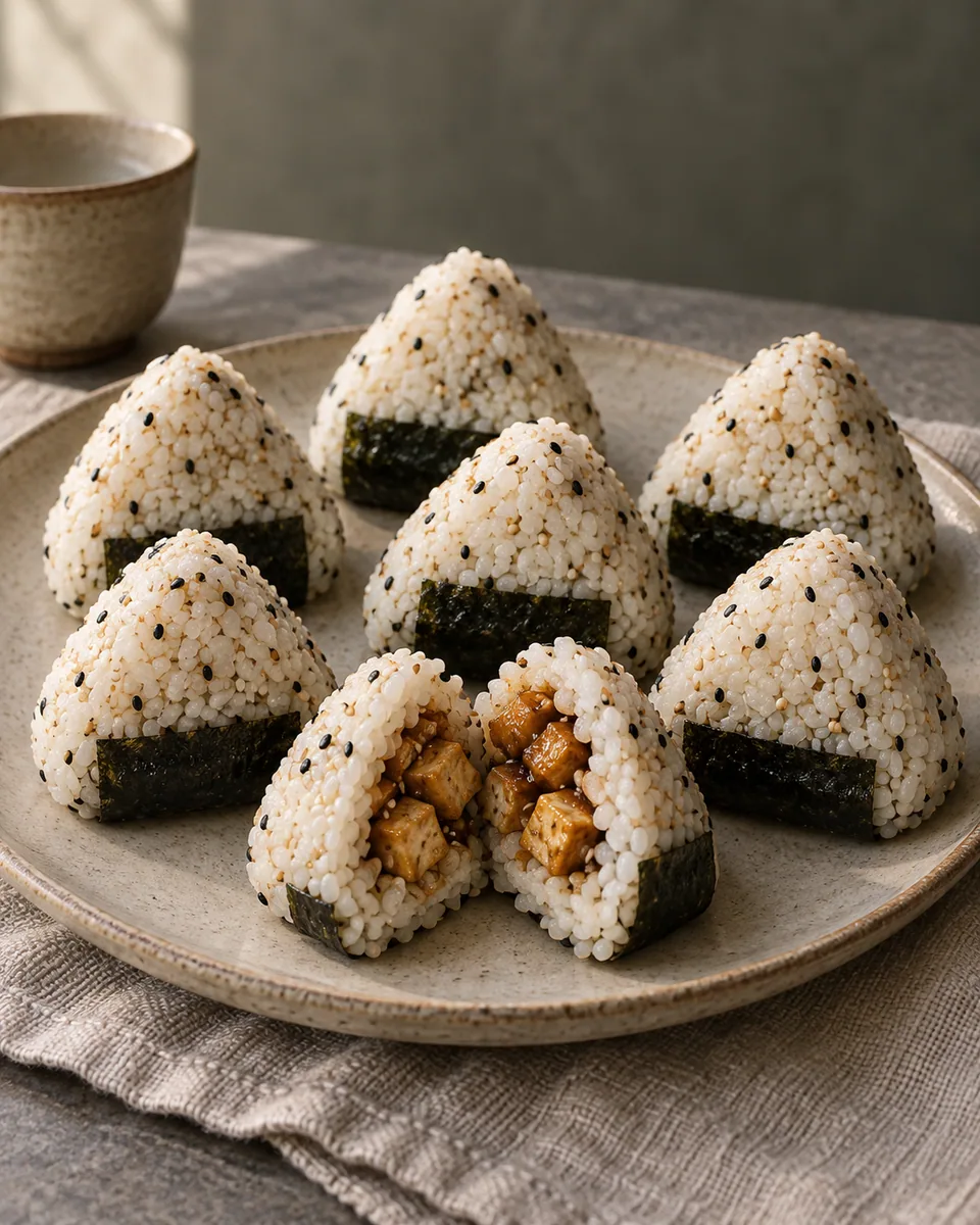 Acht kleine dreieckige Reis-Onigiri mit Sesam, Noristreifen und sichtbarer Tofufüllung in einem Anschnitt