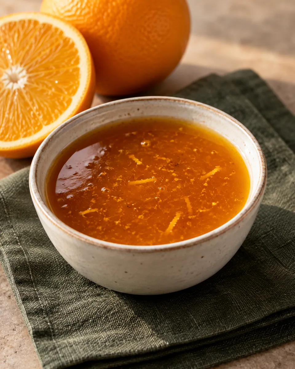Bernsteinfarbene Orangensauce in einer kleinen weißen Schale