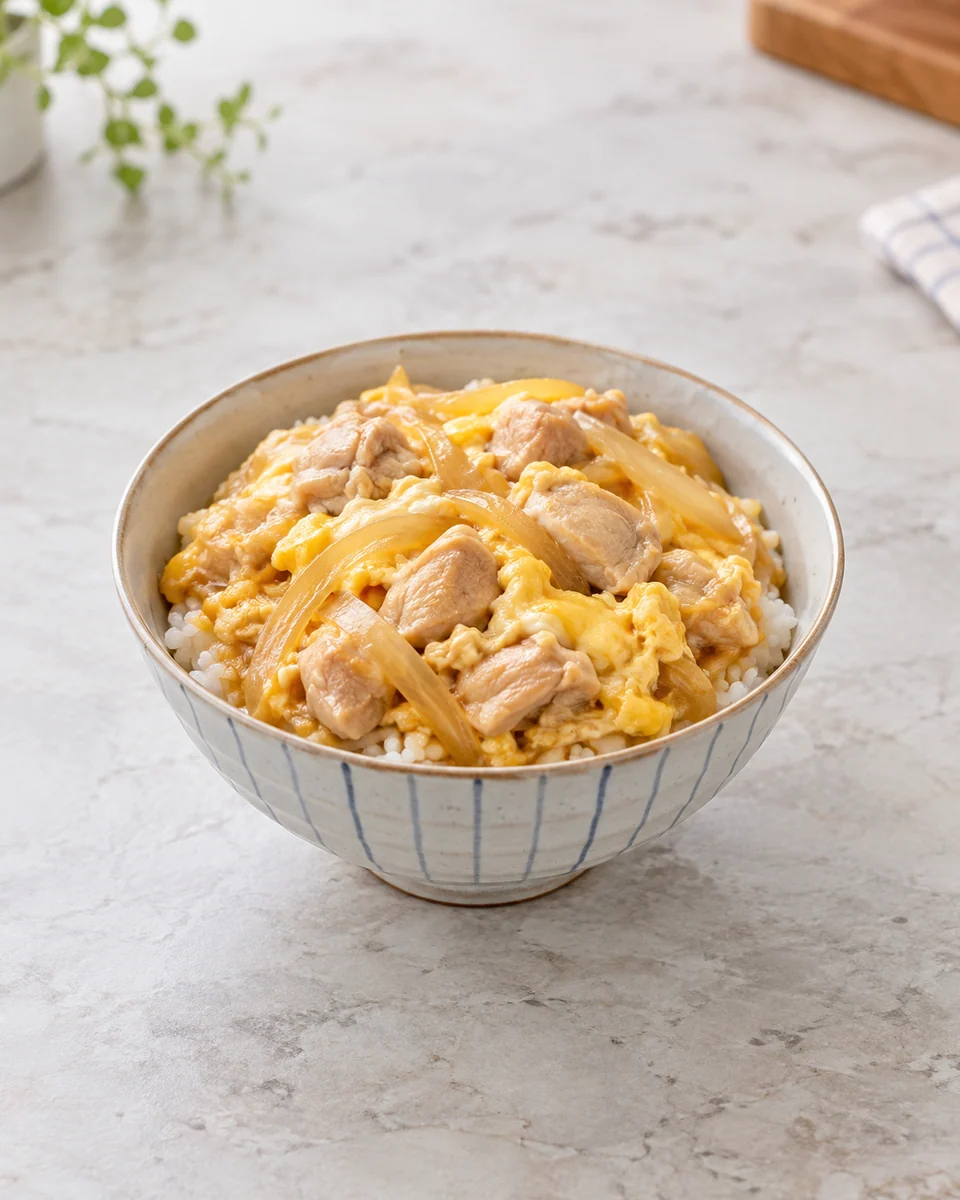KI-generierte Rezeptdarstellung: Reisschüssel mit Hähnchenstücken, Zwiebeln und einer vollständig gestockten Ei-Auflage.