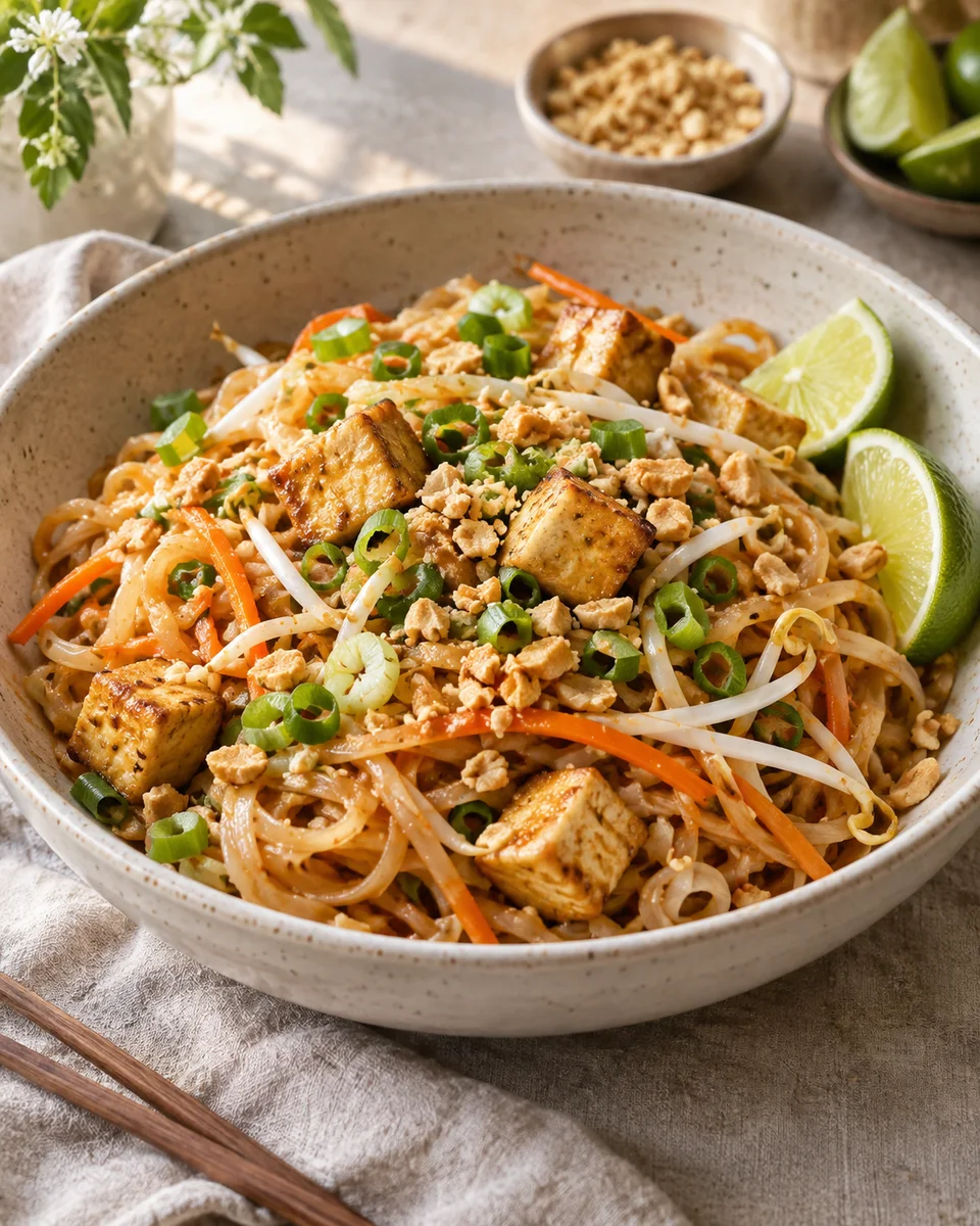 Veganes Pad Thai mit Tofu und Tamarinde, als fertiges Gericht angerichtet. KI-generierte Rezeptillustration.