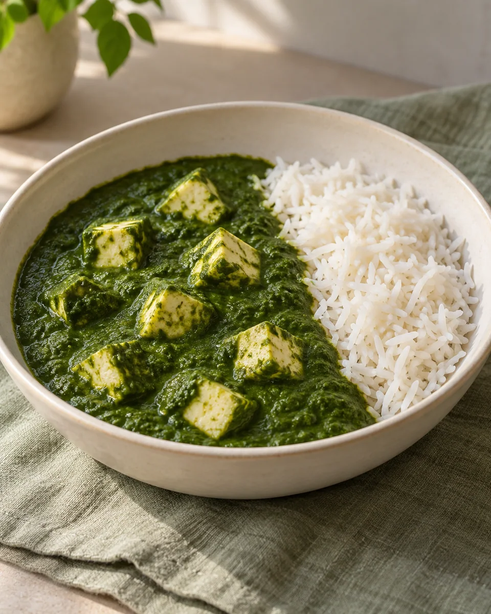 Palak Paneer mit Basmatireis – KI-generierte Rezeptillustration