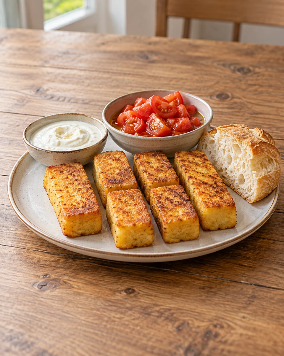 KI-generierte Rezeptdarstellung: Sechs goldbraune Kichererbsen-Sticks mit Zitronen-Knoblauchjoghurt, Tomaten und Weißbrot.