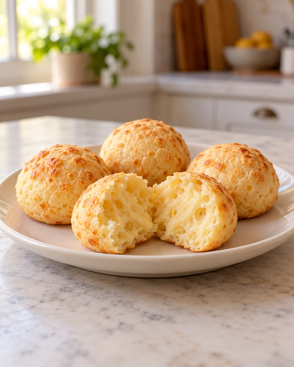 KI-generierte Darstellung: kleine goldgelbe Pão de Queijo mit elastischer Käsekrume