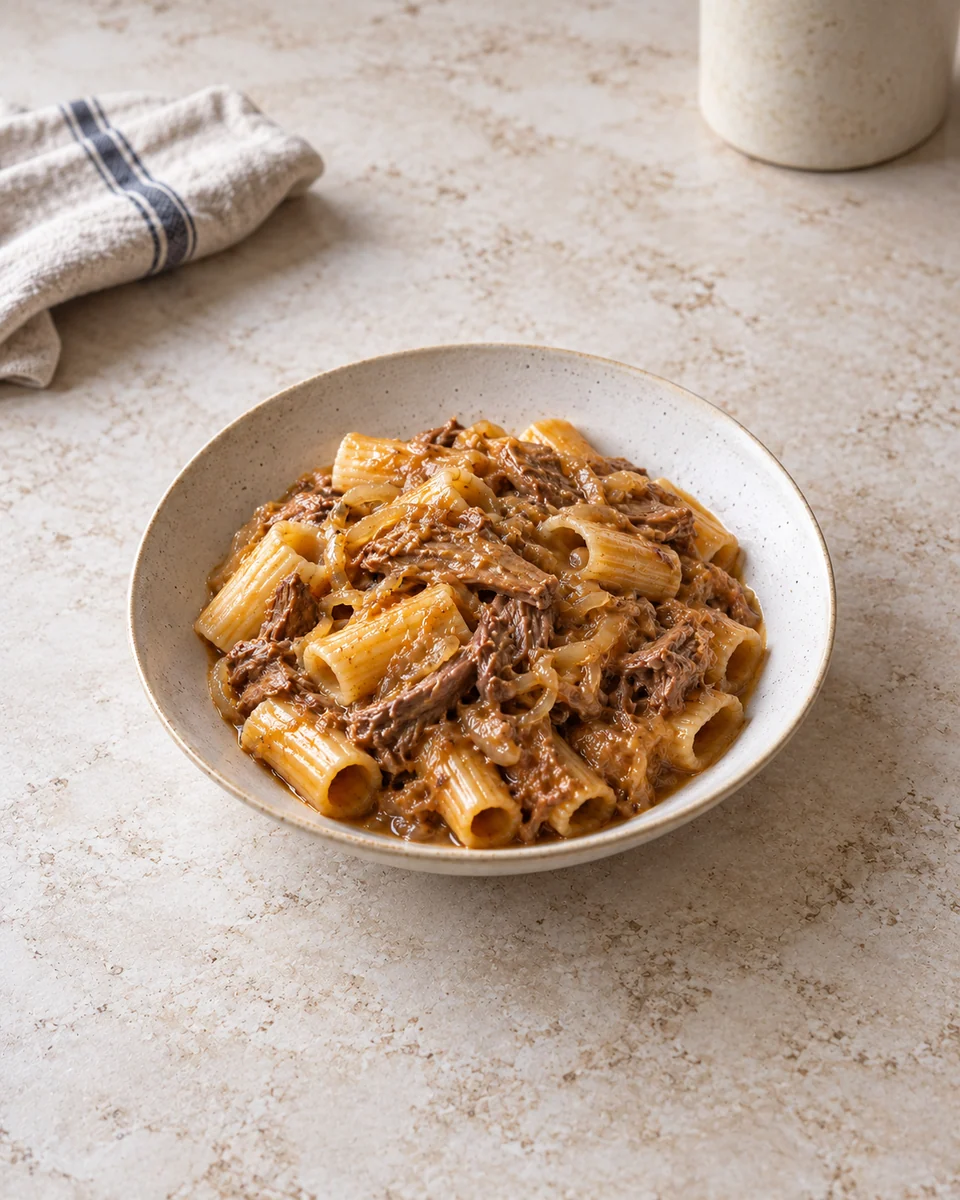 KI-generierte Rezeptdarstellung: Ein tiefer Teller Rigatoni, dicht umhüllt von sämigem hellbraunem Zwiebel-Rinderragù mit groben zarten Fleischfasern, keine Tomatensauce, kein Basilikumpesto oder Käse.