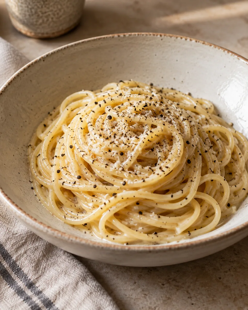 Spaghetti Cacio e Pepe mit glänzender Käsesauce und reichlich schwarzem Pfeffer