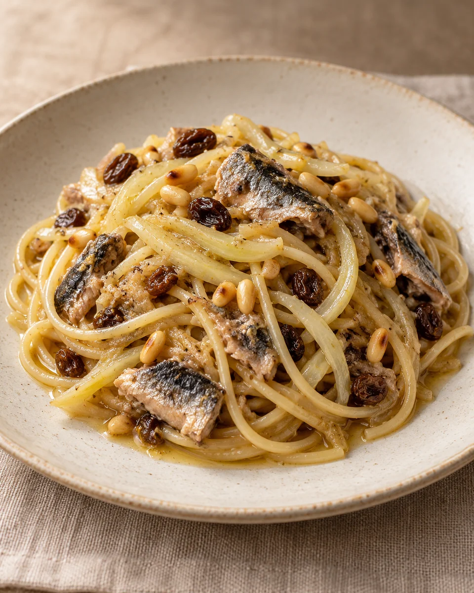 KI-generierte Darstellung: Eine vollständige Portion Spaghetti mit Sardinen, weichem Fenchel, Rosinen und gerösteten Pinienkernen