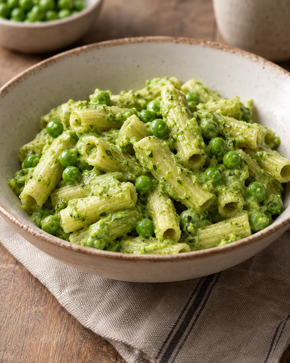 Kurze Pasta in grüner Erbsensauce mit ganzen Erbsen