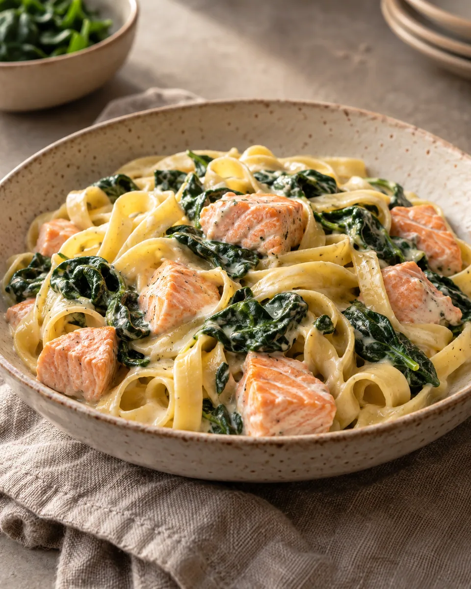 Tagliatelle mit rosa Lachswürfeln und grünem Spinat in heller Sahnesauce