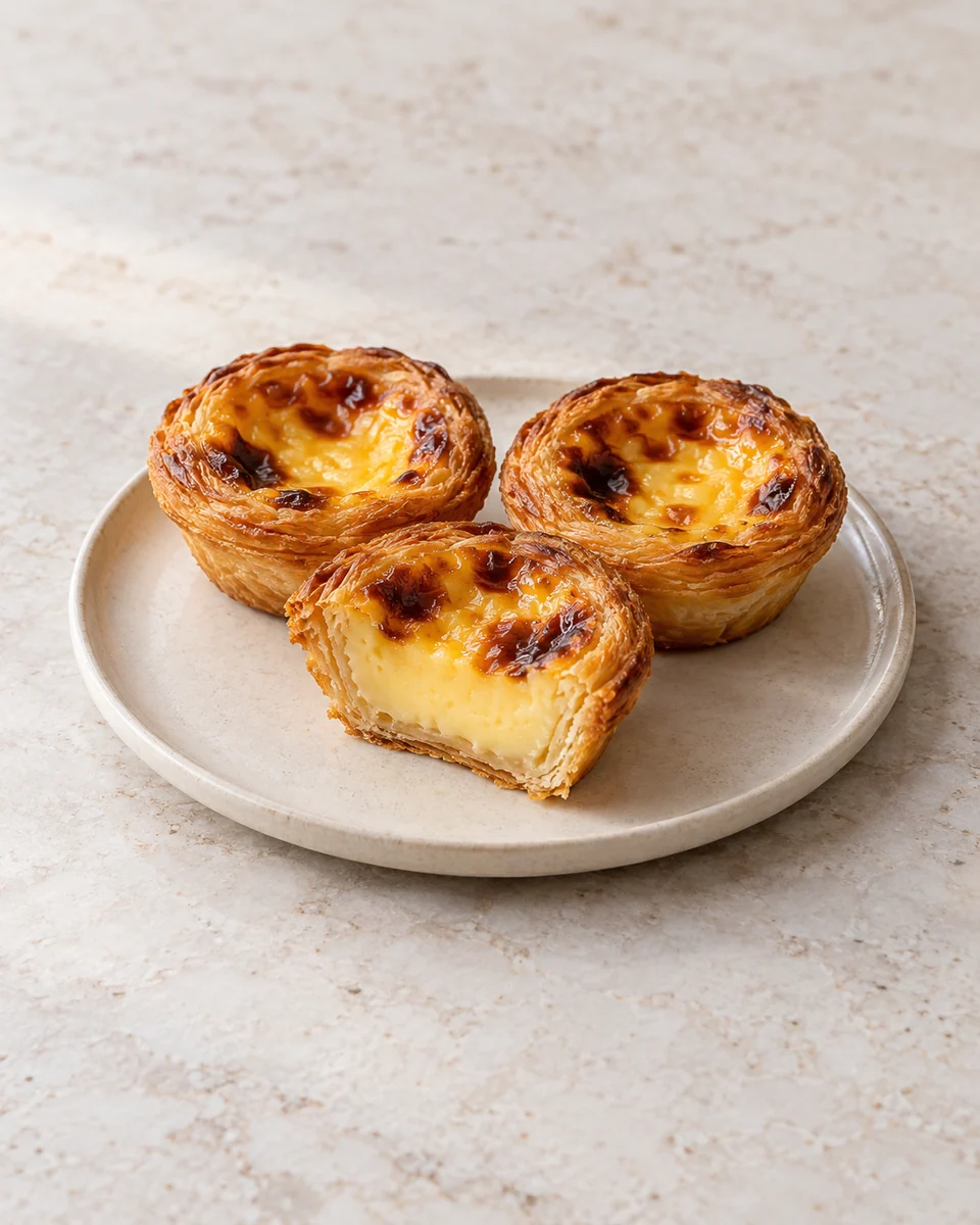 KI-generierte Darstellung goldbrauner Pastéis de Nata mit Blätterteigschalen und vollständig gesetzter Eigelbcreme