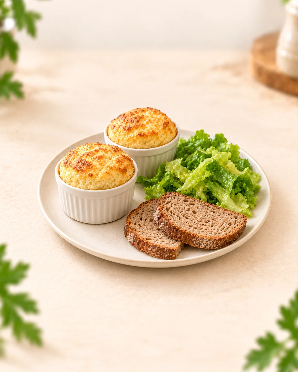 KI-generierte Darstellung: Zwei goldgelbe Pastinaken-Käse-Soufflés in weißen Förmchen mit grünem Salat und Roggenmischbrot