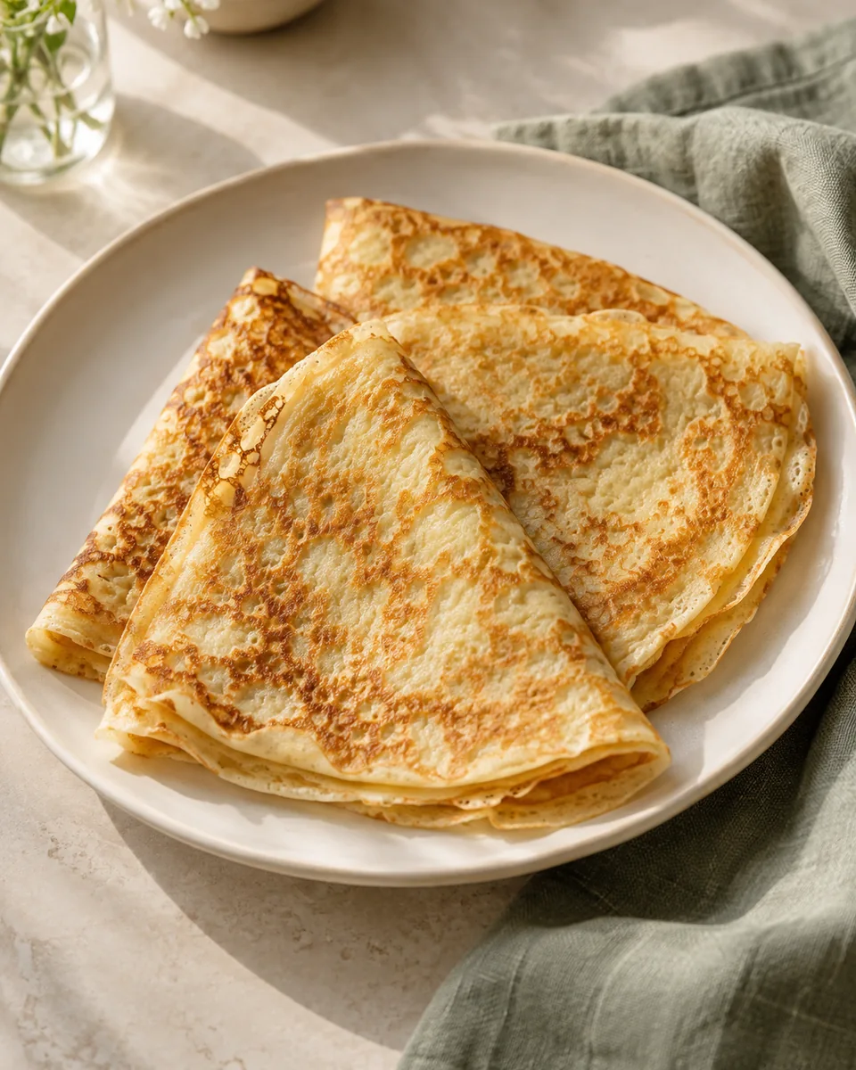 Pfannkuchen ohne Ei – dünn und goldgelb – appetitlich angerichtete Rezeptillustration