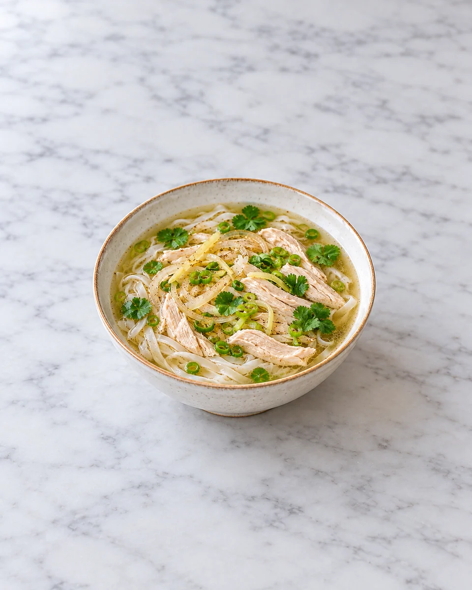 KI-generierte Rezeptdarstellung: Pho-Ga-Haushaltsversion mit Hähnchenstreifen, Reisbandnudeln, Frühlingszwiebeln und Koriander in leichter Brühe.