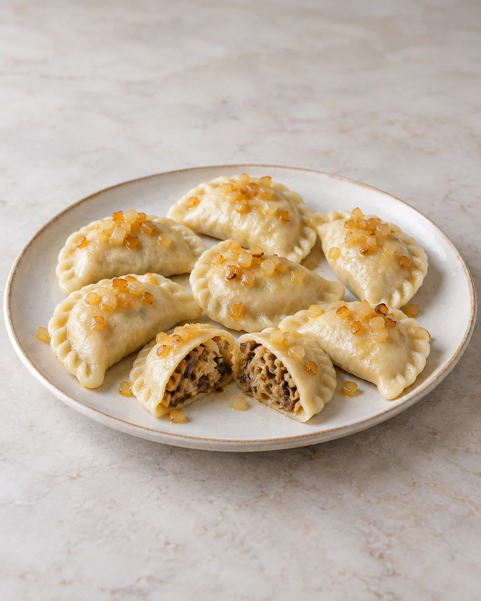 KI-generierte Rezeptdarstellung: Sieben gegarte halbmondförmige Pierogi mit Butterzwiebeln; eine geöffnete Teigtasche zeigt die Sauerkraut-Pilz-Füllung.