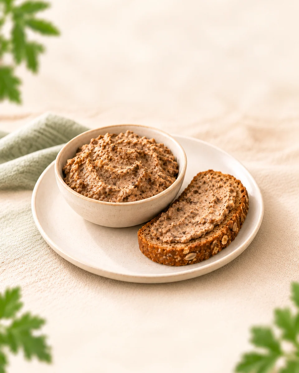 Eine kleine Keramikschale mit braun-cremiger Pilz-Walnuss-Pâté, sichtbaren feinen Walnussstückchen und einer danebenliegenden 40-g-Scheibe Weizenvollkornbrot. Keine zusätzlichen Kräuter, Salatblätter oder Pilzscheiben als Garnitur. KI-generierte Rezeptillustration.