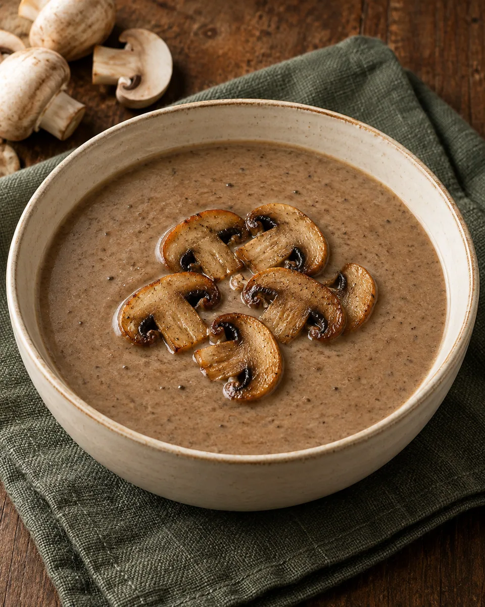 Cremige hellbraune Pilzsuppe mit gebratenen Champignonscheiben