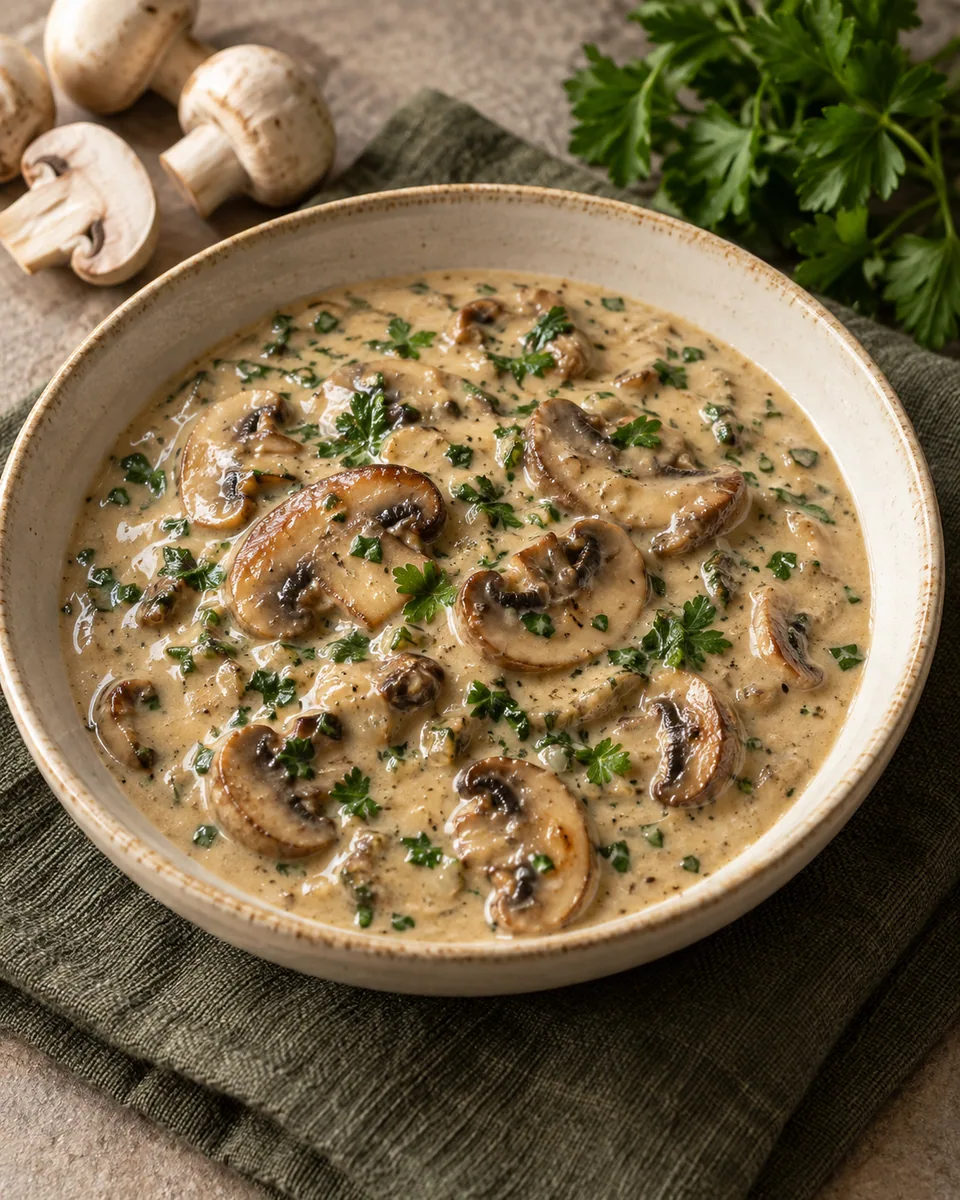 Cremige Pilzrahmsauce mit gebräunten Champignons und Petersilie