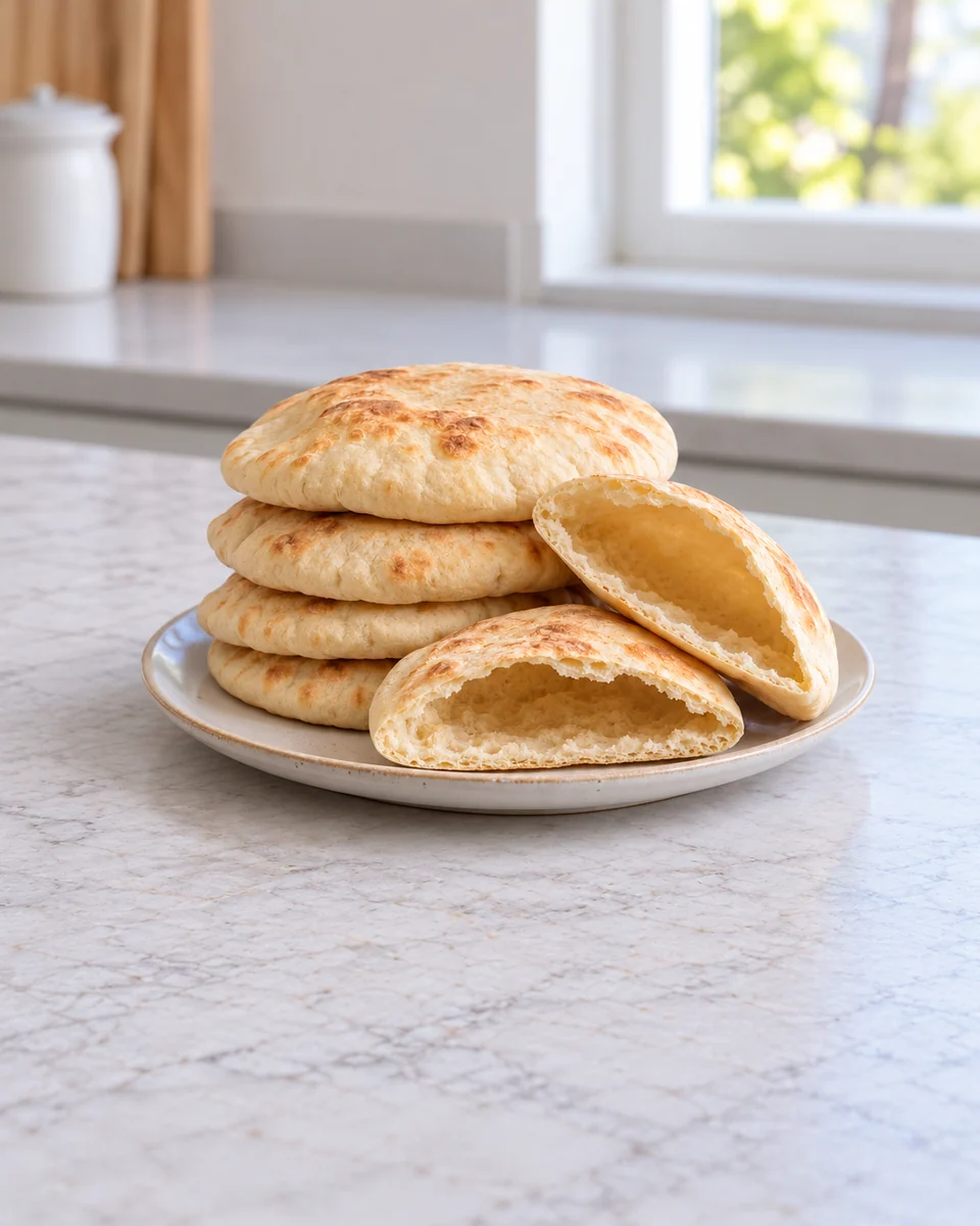 KI-generierte Rezeptdarstellung: Weiche selbst gebackene Pitas, eine angeschnittene Hälfte mit sichtbarer leerer Brottasche aus zwei dünnen Wänden.