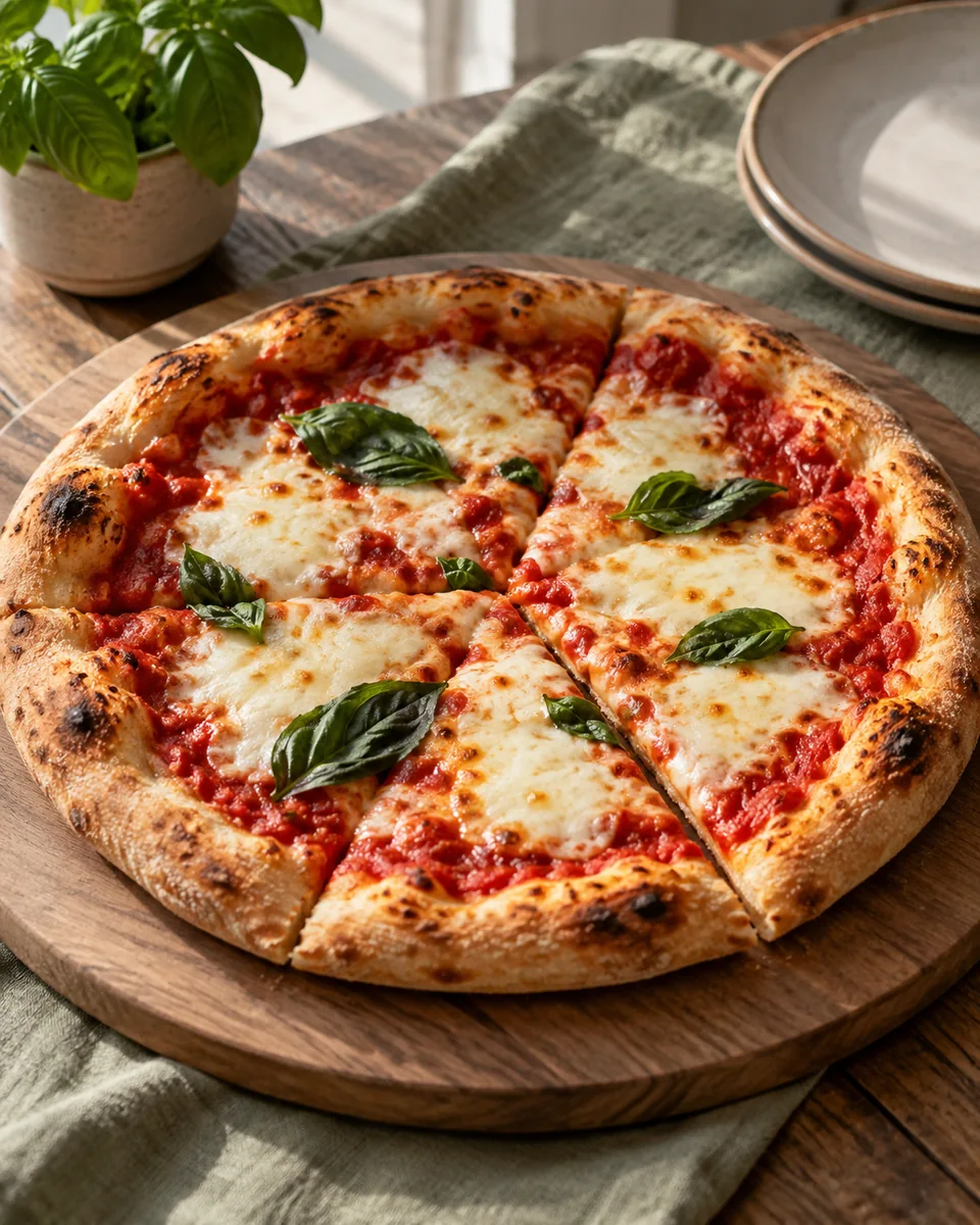 Pizza Margherita aus dem Haushaltsbackofen – KI-generierte Rezeptillustration