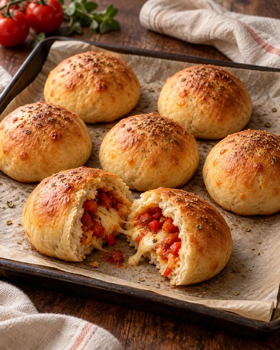 Kleine goldene Pizzabrötchen aus Hefeteig, eines aufgeschnitten mit Tomate, roter Paprika und geschmolzenem Gouda