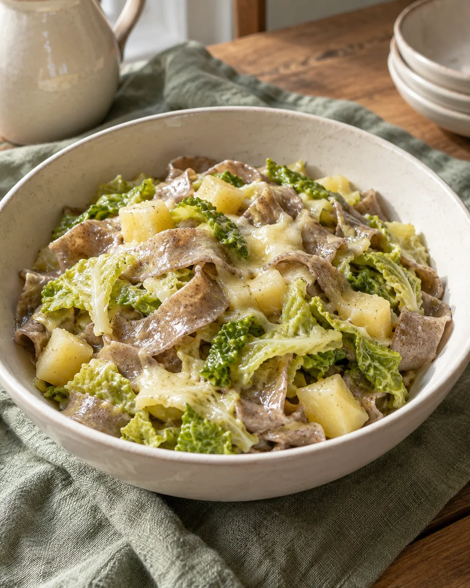 Pizzoccheri mit Wirsing, Kartoffeln und Käse – KI-generierte Rezeptillustration