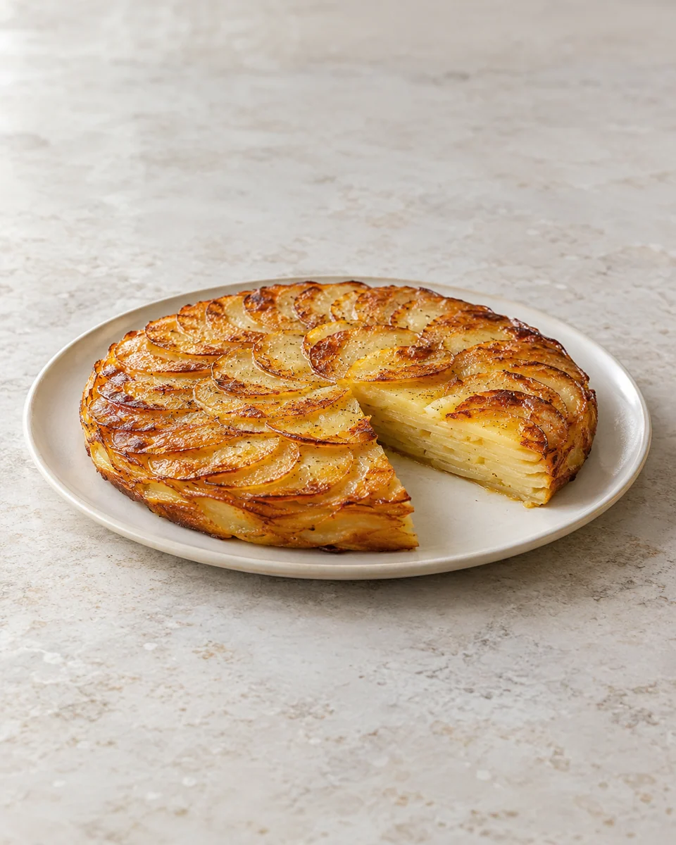 KI-generierte Rezeptdarstellung: Goldbrauner runder Kartoffelkuchen aus vielen dünnen überlappenden Kartoffelscheiben, ein Viertel zeigt die weichen geschichteten Kartoffellagen; keine Sahne, Zwiebeln, Käse oder Kräuter.