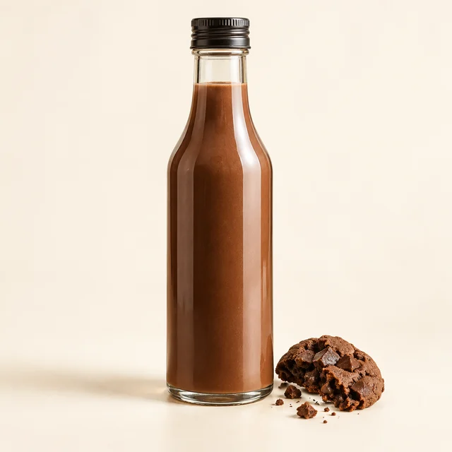 Eigene Illustration: Neutrale Flasche mit Cookie-Sirup und einem Schokokeks
