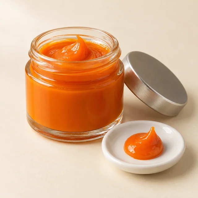 Eigene Illustration: Orange Lebensmittel-Gelfarbe in einem neutralen Glasgefäß