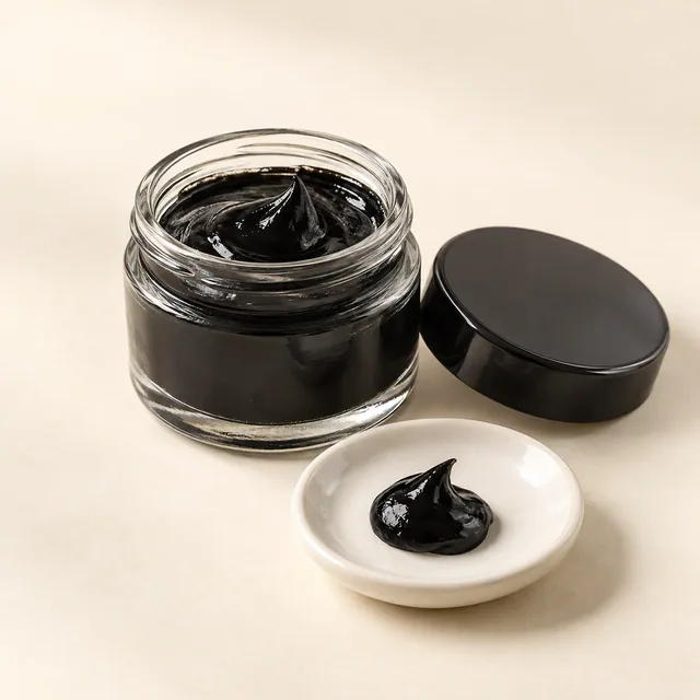 Eigene Illustration: Schwarze Lebensmittel-Gelfarbe in einem neutralen Glasgefäß