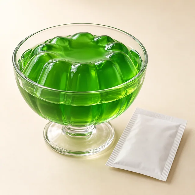 Eigene Illustration: Grüner Wackelpudding neben einem neutralen Pulverbeutel