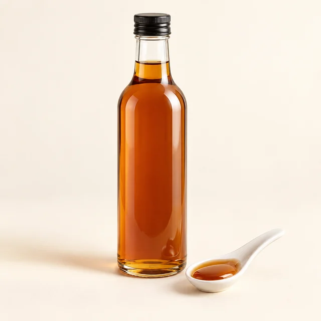 Eigene Illustration: Neutrale Flasche mit bernsteinfarbenem Karamellsirup