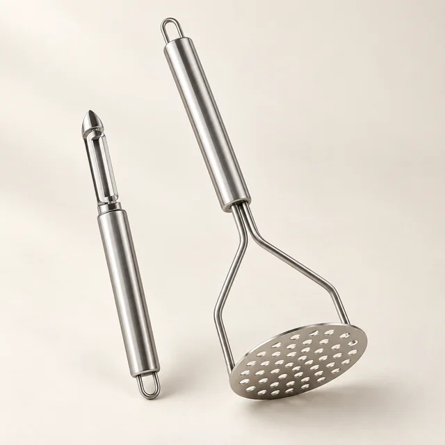 Eigene Illustration: Edelstahl-Pendelschäler und Kartoffelstampfer mit gelochter flacher Stampffläche