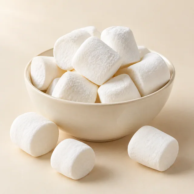 Eigene Illustration: Weiße zylindrische Marshmallows in einer unmarkierten Schale