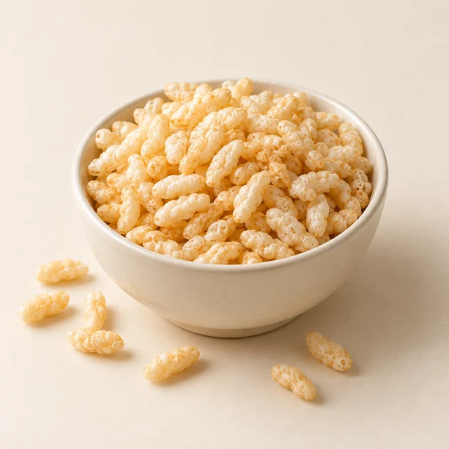 Eigene Illustration: Schale mit hellgoldenen knusprigen Reis-Cerealien