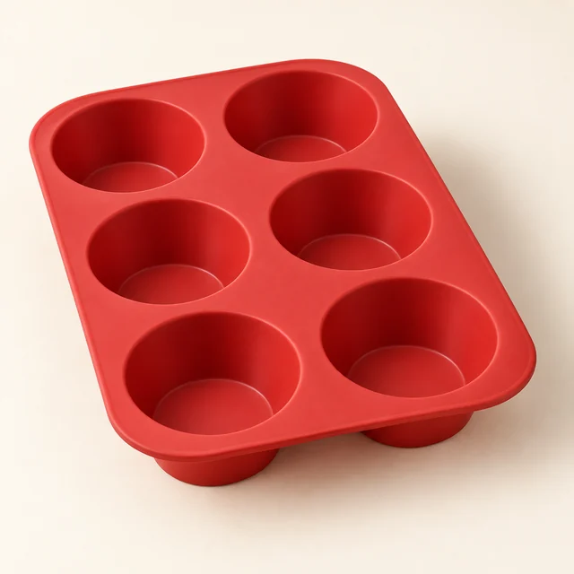 Eigene Illustration: Rote Silikonform mit sechs runden Muffinmulden