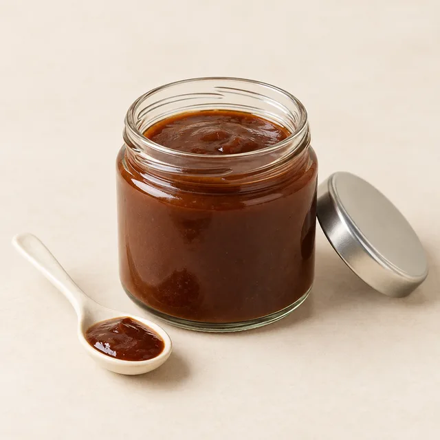 Eigene Illustration: Dunkle Tamarindenpaste in einem neutralen offenen Glas