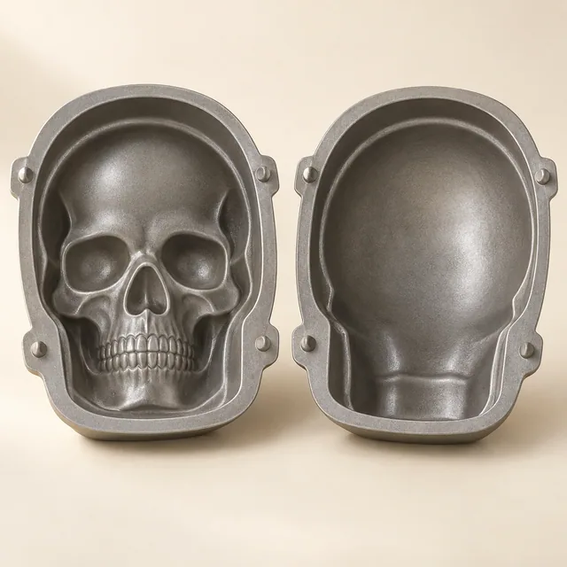Eigene Illustration: Metall-Kuchenform mit zwei großen Hälften für einen Totenkopf