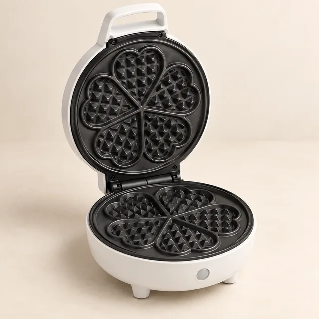Eigene Illustration: Geöffnetes rundes Waffeleisen mit herzförmig unterteilter Backfläche