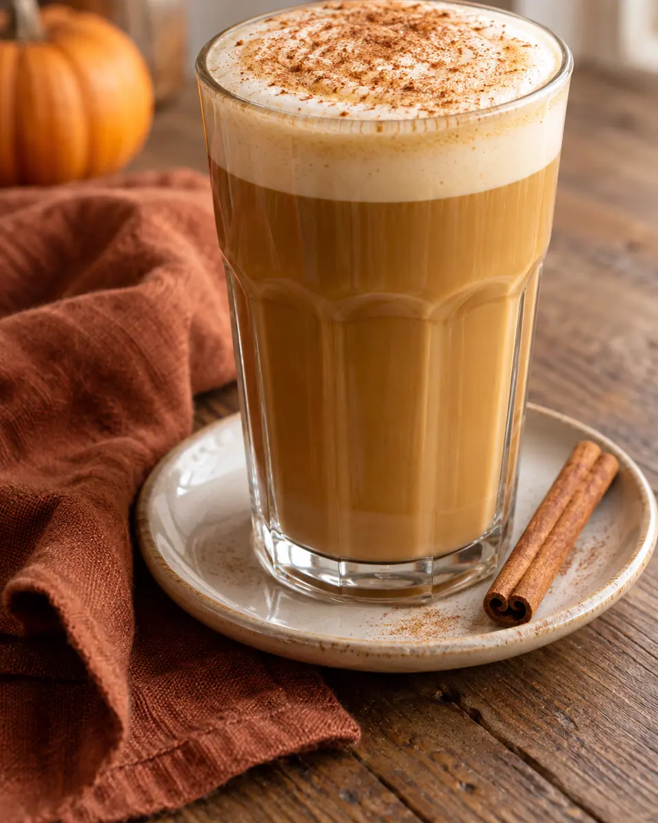 Pumpkin Spice Latte in einem hohen Glas mit feinem Milchschaum und Zimt